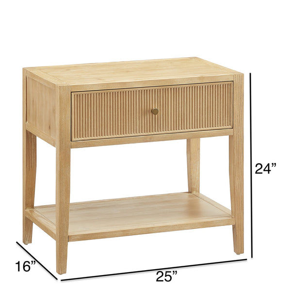 English Elm Fleur Natural 1-Drawer Nightstand with Reeded Drawer, Gold Pull, Tapered Legs, Lower Shelf, 29" H B050P376966