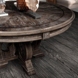 English Elm Dining Table 60 Inch Round Solid Wood Pedestal with Hand Carved Skirt and Inlay Natural+Rustic B2741P474000