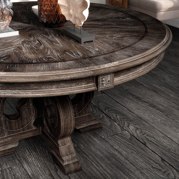 English Elm Dining Table 60 Inch Round Solid Wood Pedestal with Hand Carved Skirt and Inlay Natural+Rustic B2741P474000