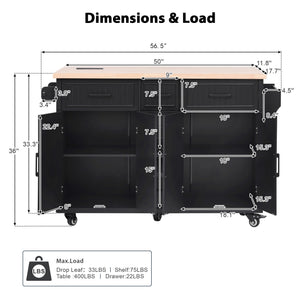 English Elm K&k Farmhouse Rolling Kitchen Island Drop Leaf Power Outlet Five Drawers Cabinet Storage Black N707S263094B