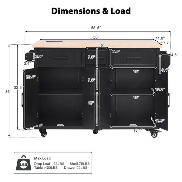 English Elm K&k Farmhouse Rolling Kitchen Island Drop Leaf Power Outlet Five Drawers Cabinet Storage Black N707S263094B