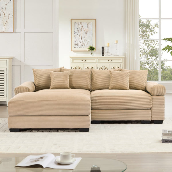 English Elm 92" Oversized Modular L-Shape Sectional Couch In Soft Camel Corduroy With Ottoman & 6 Pillows W714S01306