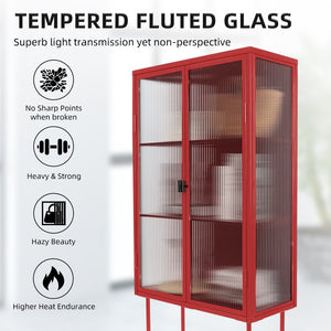 English Elm Retro Style Red Tall Freestanding Display Cupboard Stylish Fluted Glass Storage Cabinet With Glass Doors Three Detachable Shelves Bottom Space For Office Dining Room Living Room (Old Sku:W68751710)