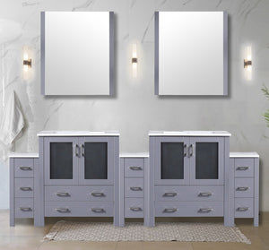 English Elm Dark Grey Double Bath Vanity 96" With White Ceramic Top, Side Cabinets, & 28" Mirrors For Storage B2731S00607