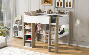 English Elm Full Size Wood Loft Bed With Desk, Wardrobe & Storage Shelves - Stylish Space-Saving Solution! N7090005007K