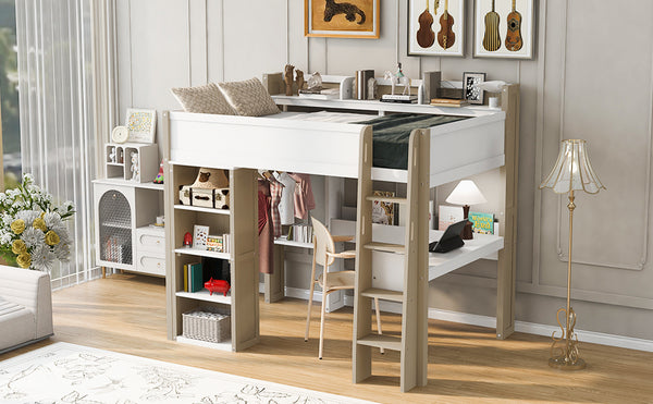 English Elm Full Size Wood Loft Bed With Desk, Wardrobe & Storage Shelves - Stylish Space-Saving Solution! N7090005007K