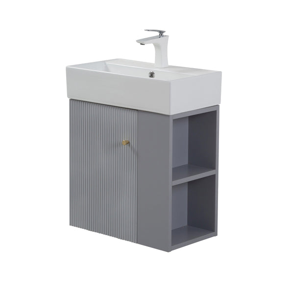 English Elm 21.6" Floating Bathroom Vanity Base Matte Grey with Gold Accents and Open Side Shelf W1573P446790