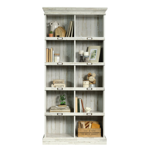 English Elm Tall Bookcase with Labelled Cubby Slots, White Engineered Wood, Dual-Sided Back, Sturdy 35.6"x13.5"x75" Storage Elegance B356P402640