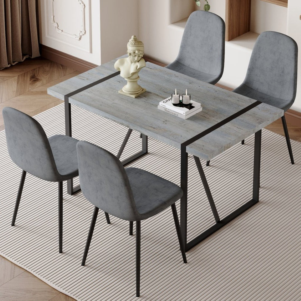 English Elm Table Set: Minimalist Retro Dining Table With Textured Top & 4 Soft Chairs, Black Metal Legs W1151S03836-GIGA