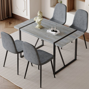 English Elm Table Set: Minimalist Retro Dining Table With Textured Top & 4 Soft Chairs, Black Metal Legs W1151S03836-GIGA
