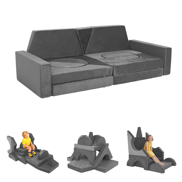 English Elm 15pcs Modular Toddler Play Couch Set Velvet Foam Fort Building Playroom Seating Dark Gray T5880P493415