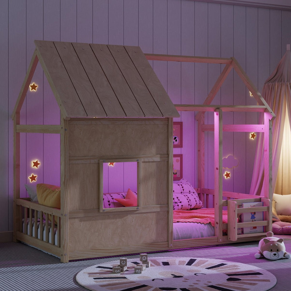 English Elm Twin House Frame Floor Bed Pinewood Build with Led Roofline Kids Bedroom Natural W697P435882