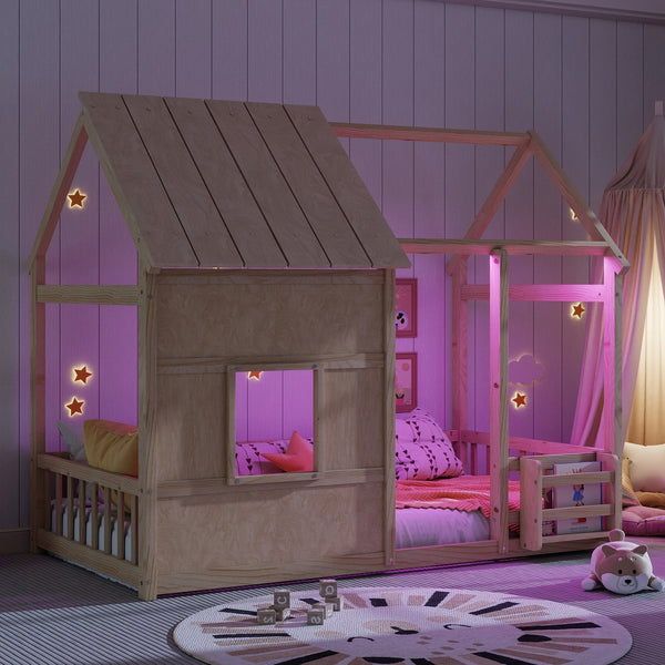 English Elm Twin House Frame Floor Bed Pinewood Build with Led Roofline Kids Bedroom Natural W697P435882