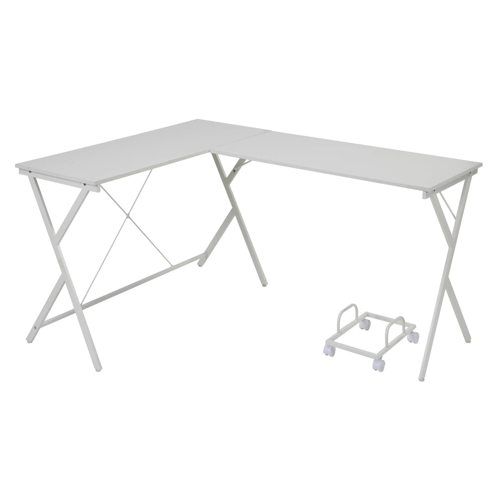 English Elm White L-shaped Corner Desk with Rolling CPU Holder, X-Frame Metal Base, Spacious Dual Work Surfaces B062P184555