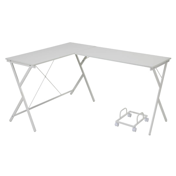 English Elm White L-shaped Corner Desk with Rolling CPU Holder, X-Frame Metal Base, Spacious Dual Work Surfaces B062P184555
