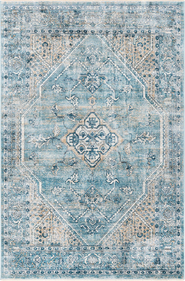 Unique Loom Newport Ochre Machine Made Border Rug Blue, Light Brown/Light Blue 5' 3" x 8' 0"