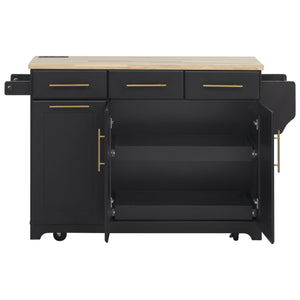 English Elm K&K Vintage Kitchen Island with Rubberwood Top, Hidden Wheels, Pull-Out Trash & Charging Station Black N707P299014B