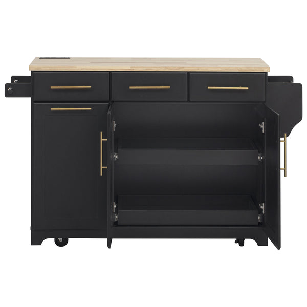 English Elm K&K Vintage Kitchen Island with Rubberwood Top, Hidden Wheels, Pull-Out Trash & Charging Station Black N707P299014B