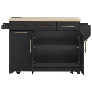 English Elm K&k Rolling Kitchen Island Rubber Wood Top Brass Hardware Built-in Outlets Storage Black N707S299014B