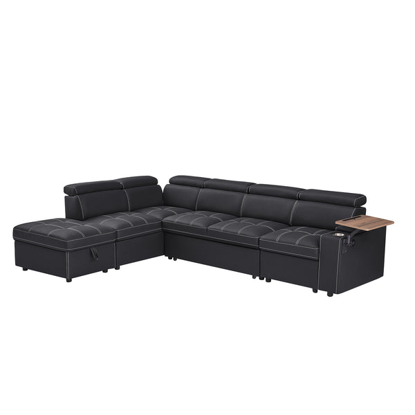 English Elm Black Fabric Sectional Sofa Bed with Storage Ottoman, Pocket Spring Seats, Solid Wood Frame, Modern Durable Design W588S00075