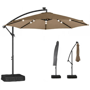 English Elm Garden Cantilever Patio Umbrella with Solar Led Lights and Upf30 Polyester Canopy Tan T3971P481990