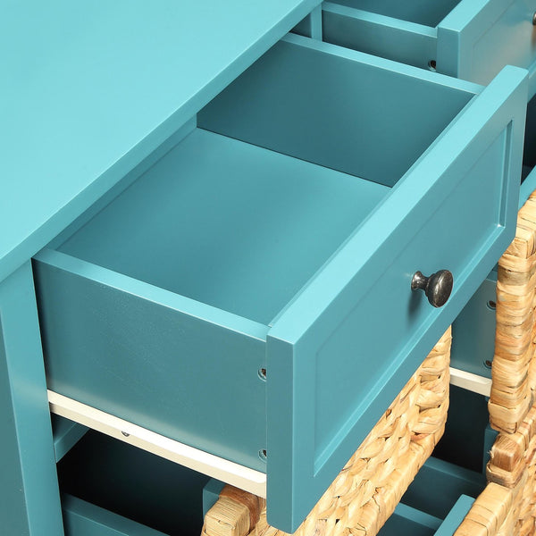 English Elm Flavius Console Cabinet with Six Storage Drawers, Basket-Front Rustic Charm & Smooth Glide Hardware for Stylish Organization Teal 34 L x 16 W x 11 H B2726P252318