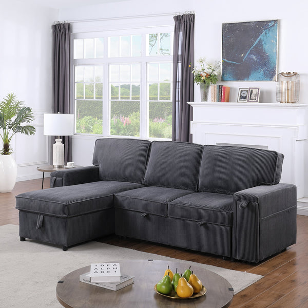 English Elm U_STYLE Chenille Upholstery Sleeper Sectional Sofa with Pull-Out Bed, Chaise Storage & Comfort Gray W1099S00168