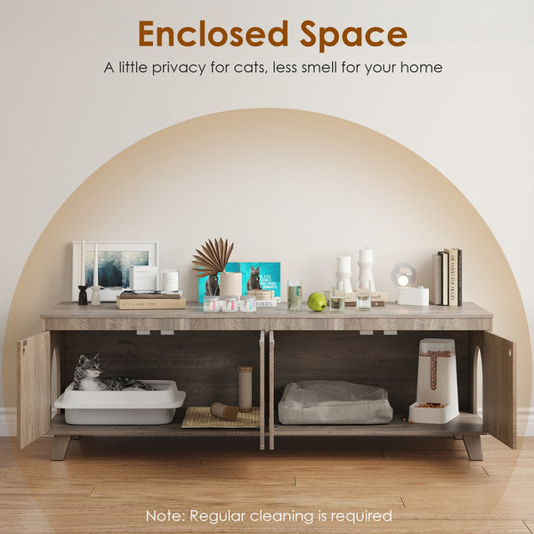 English Elm Double Hidden Cat Litter Box Enclosure with Rattan Doors, Two Spacious Compartments, Odor Control Stand Grey T3623P380885