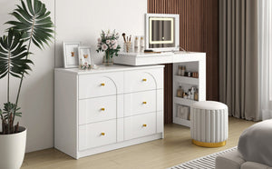 English Elm Vanity LED Mirror Desk with Flip-Top Dual Function, 7 Drawers & Multiple Shelves for Organized Glam White 32.28 L x 19.69 W x 8.86 H N733S363650K