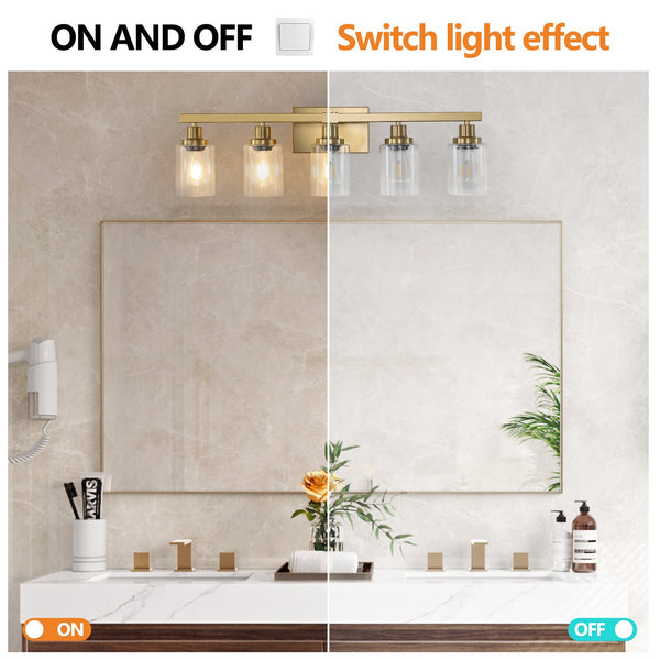 English Elm 31" Golden 5-Light Vanity Light with Clear Glass Shades – Modern Iron Wall Fixture for Bathroom Vanity Mirror Lighting, Hard-Wired (No Bulbs) W1340P206690
