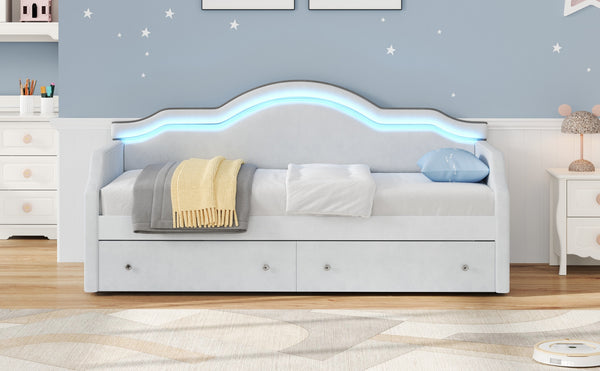 English Elm Twin Upholstered Daybed with Built-In LED & 2 Drawers, Velvet Platform Bed with Solid Wood Frame, Modern Curved Backrest, Twin Size, No Box Spring Needed Beige N7500001851A