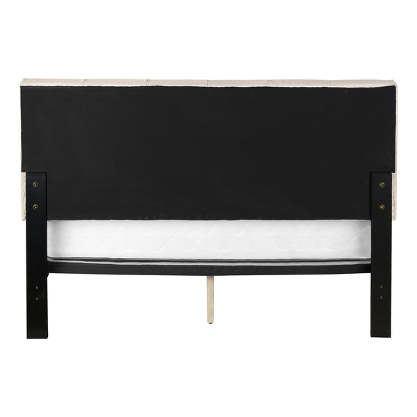English Elm Bed, Queen Size Upholstered Beige Linen Look Platform Bed with Tufted Headboard & Black Wood Legs B2710P219505