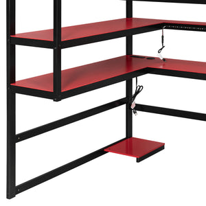 English Elm Full Size Gaming Loft Bed with Rgb Lights Wraparound Shelves and Built-in Usb Ports Red LT000299AAJ