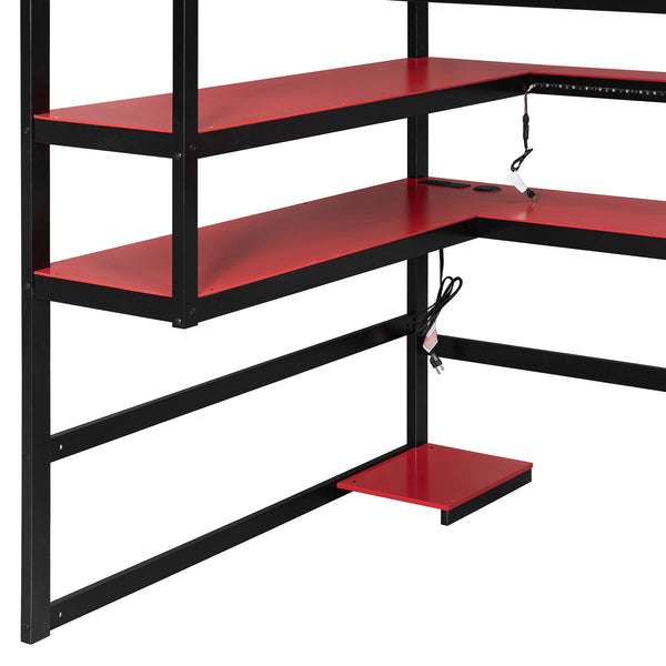 English Elm Full Size Gaming Loft Bed with Rgb Lights Wraparound Shelves and Built-in Usb Ports Red LT000299AAJ