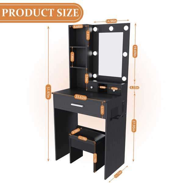 English Elm Vanity compact dressing desk with LED mirror, 3-color dimmable lights, drawers, stool, outlet Black W2699P345801