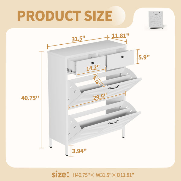 English Elm Shoe Cabinet Slim Steel Entryway Organizer with Flip Compartments and Retro White Finish T2398P413025