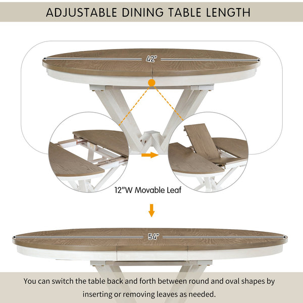 English Elm Trexm Retro Extendable Round Dining Set with Four Linen Upholstered Chairs Rubberwood Brown + Antique White ST000141AAD-2026