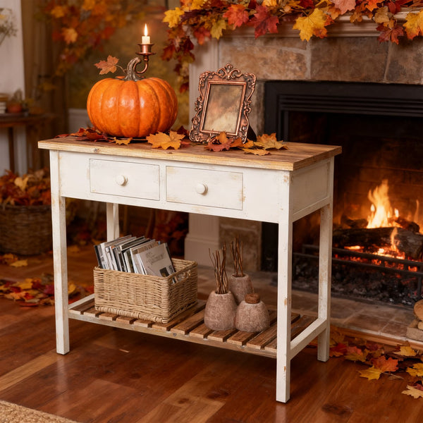 English Elm Vintage Two-Drawer Console Table Antique Natural Distressed Finish with Shelf, Sturdy Entryway Storage W2295P366795