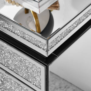 English Elm Mirrored Three Drawer Nightstand with Crystal Diamond Inlay Glam Bedside Storage W1005P248529