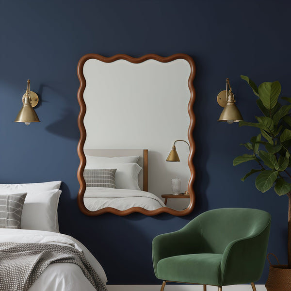 English Elm Black Walnut Solid Wood Wavy Round Mirror Sculptural Bohemian Wall Accent 30 Inch W2203P455235