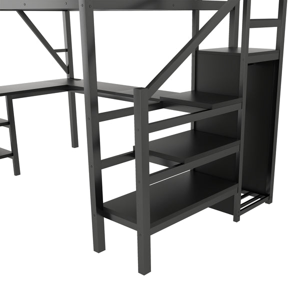 English Elm Metal Full Loft Bed with L Shaped Desk Wardrobe Rgb Lighting and Usb Charging Black W2593S00053