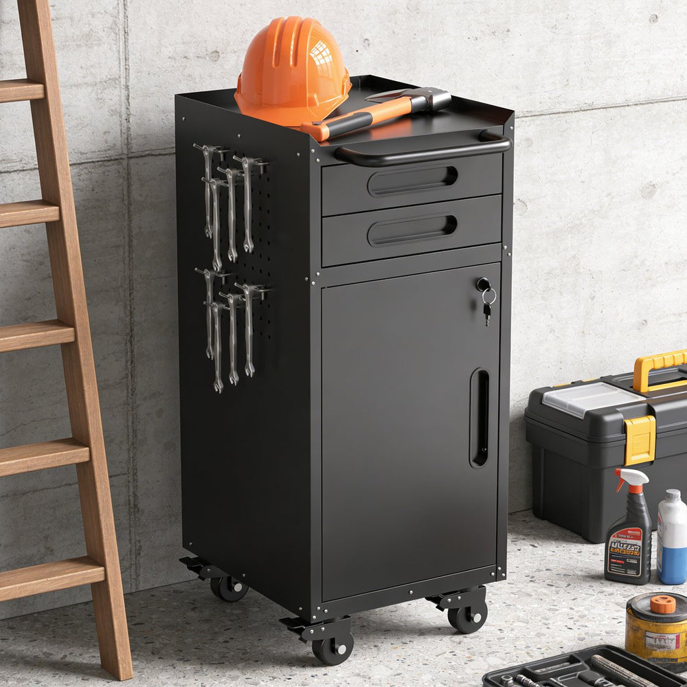 English Elm 34.3" Slim Steel Rolling Tool Cabinet with Locking Door Two Drawers for Garage W2735P428818