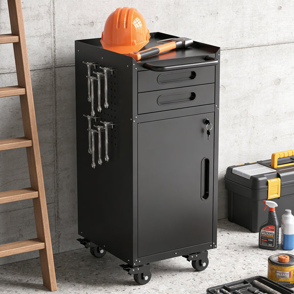 English Elm 34.3" Slim Steel Rolling Tool Cabinet with Locking Door Two Drawers for Garage W2735P428818