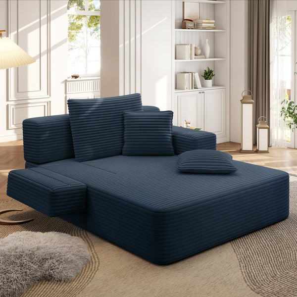 English Elm Luxurious Corduroy Convertible Chaise Lounge Sofa Bed with Storage and Coil Spring Foam Blue W3219P483087