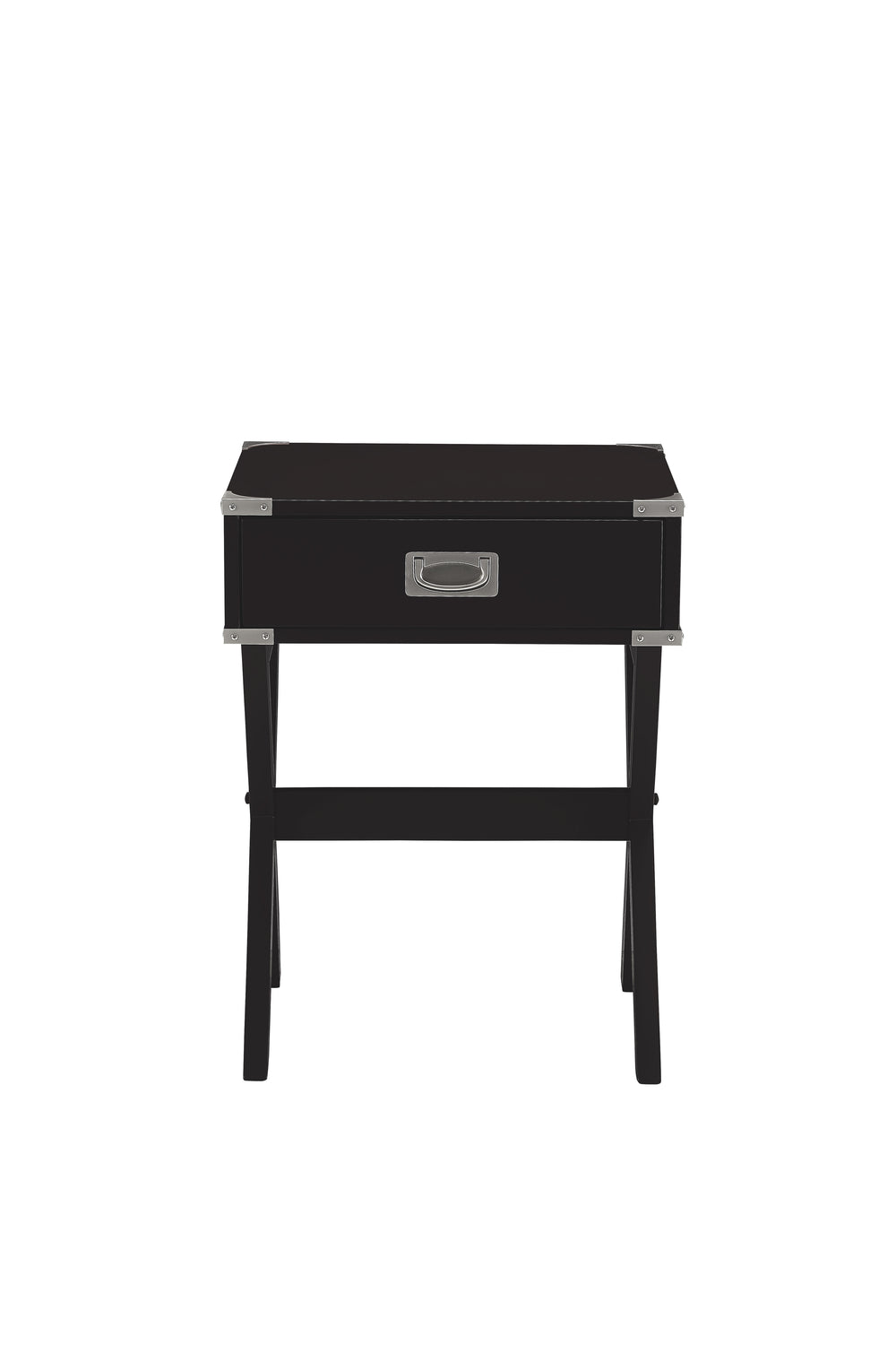 English Elm Babs Square Black Finish Accent Table with Drawer, Metal Corner Accents, X-Base Stability, Durable Design B2726P270996