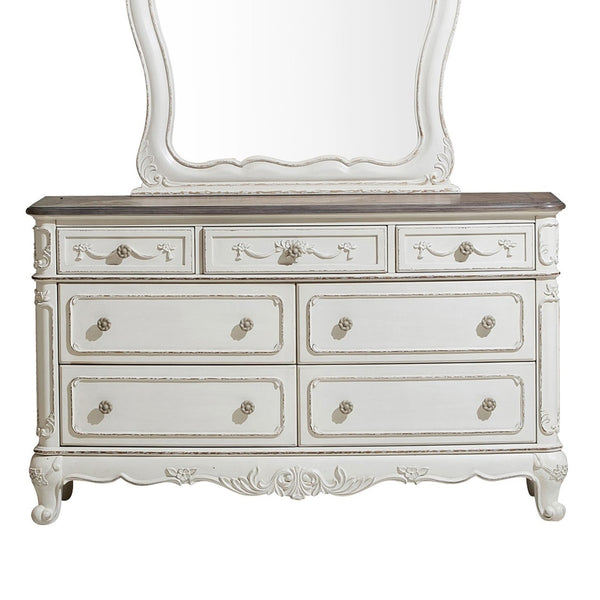 English Elm Victorian Cinderella 7-Drawer Dresser with Floral Carvings and Gray Rub-Through Finish for Bedrooms Antique White,Oak 59.5 L x 21 W x 37.5 H B011P361980