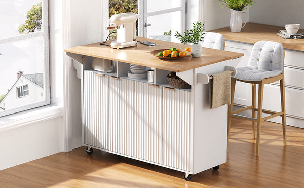 English Elm K&k Fluted Rolling Kitchen Island Faux Marble Top Power Outlet Storage Drawers White N707P353934W