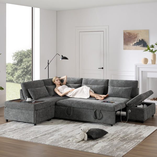 English Elm [video]107'' Chenille Sleeper Sectional with Usb Charging Storage Ottoman and Adjustable Armrest Gray N723S8782E
