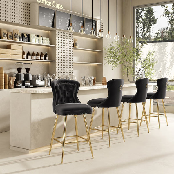 English Elm Bar Stools Set Of 2, Luxurious Velvet Wing-Back Chairs With Metal Legs For Kitchen & Dining Spaces T3623P363065