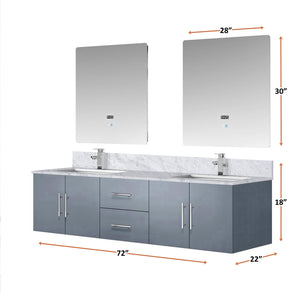 English Elm Dark Grey Double Bath Vanity 72 in with Carrara Marble Top, Chrome Faucet, 30in LED Mirrors, Durable Finish B2731S01045